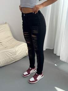 Women's High Rise Stretch Skinny Ripped Jeans Distressed Denim Leggings - Black - View 7