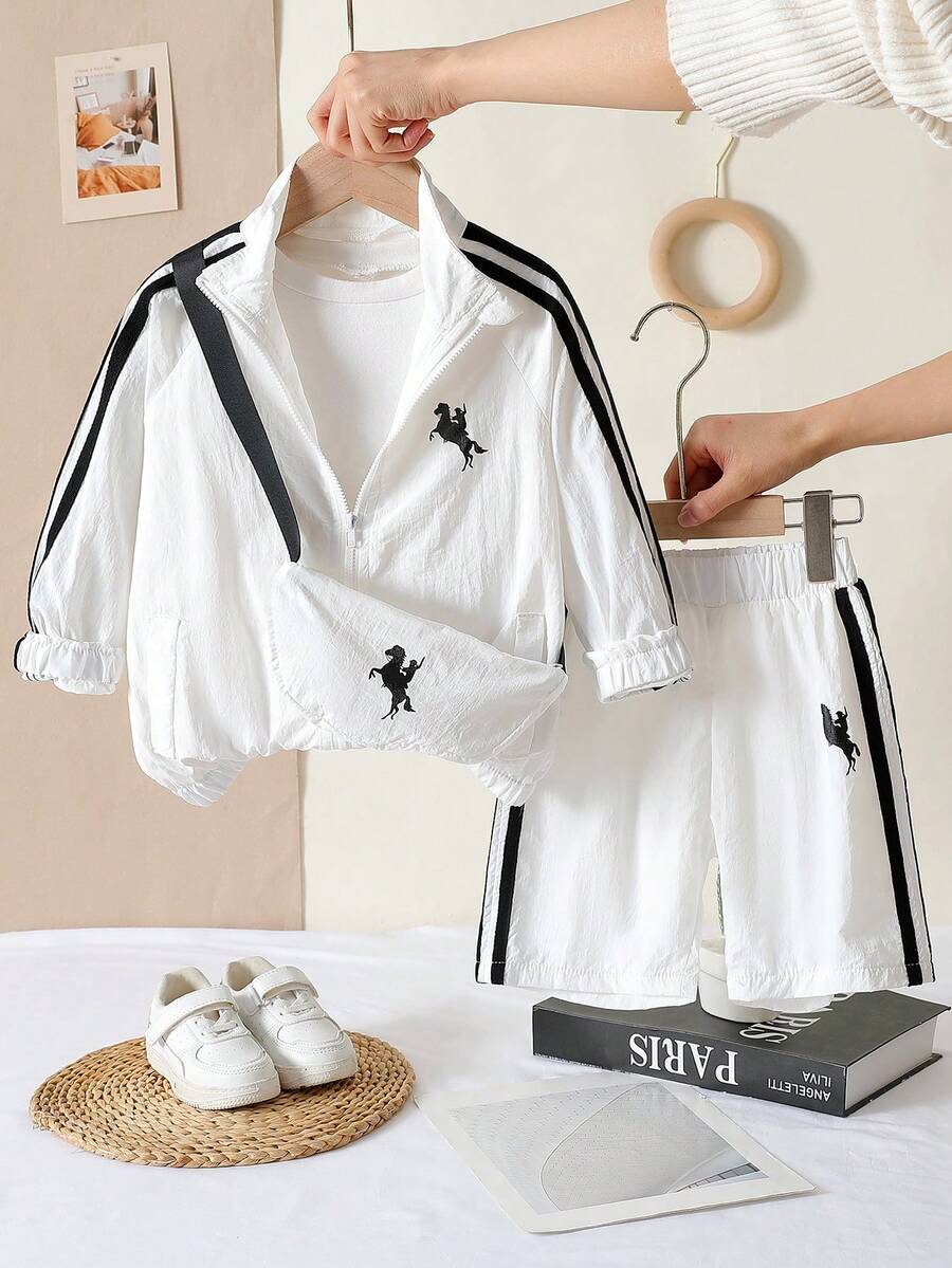 2pcs Boys' Fashionable Casual Striped Collar Jacket And Shorts Set - White - View 1
