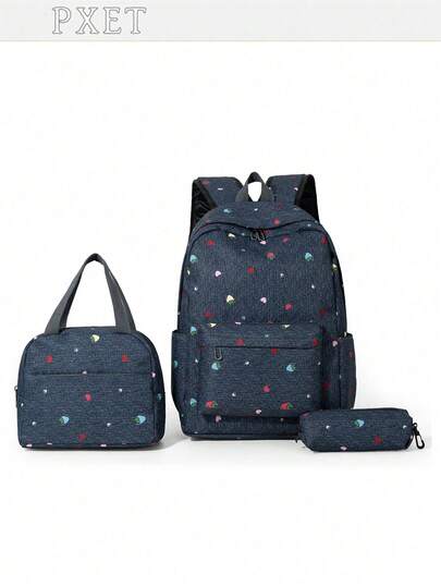 Cute Printed Backpack Three Pieces Set, Portable Backpack Combination For Students' Daily Travel