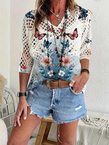 Women's Casual Vacation Floral & Butterfly Print V-Neck Open Knit Top, Spring/Summer/Autumn White - White - View 1