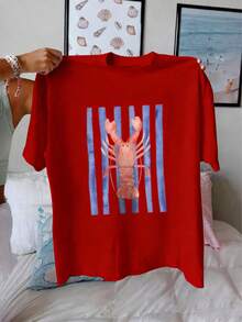 1 Pack Girls Casual Printed Crew Neck Short Sleeve T-Shirt Summer Student Youth Clothing - 紅色 - 查看 1
