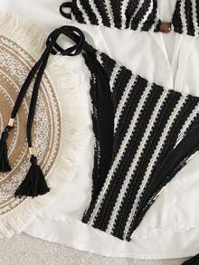 2pcs Women Crochet Striped Halter Bikini Set, High Cut Casual Sexy Swimwear With Tassel - Black - View 4
