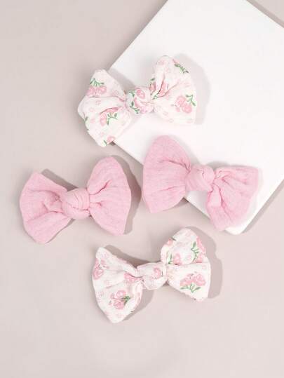 4pcs Flower Print Fabric Hair Bows For Baby Girl Pastel Colored Flower Print Hair Clips Soft Fabric Alligator Clips Casual Wedding Hair Berrettes Sweet Baby Girls Gift Hairpins Baby Hair Accessories.