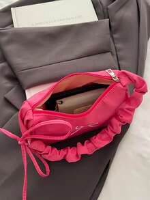 1pc White Canvas + Pink Bow Embroidery Pleated Strap Underarm Bag, Zipper Closure, Sweet Style, Suitable For Women, All Seasons - Multicolor - View 5