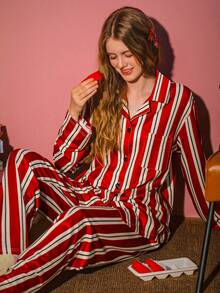 女士条纹睡衣套装（两件套），长袖开衫和长裤，适合春、秋、冬季穿着。 - 彩色 - 查看 1