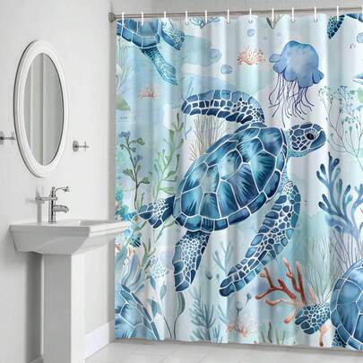 浴室浴帘，卡通海龟蓝色珊瑚水母防水浴帘，带孔眼和挂钩，海洋生物主题，可水洗，适用于酒店装饰