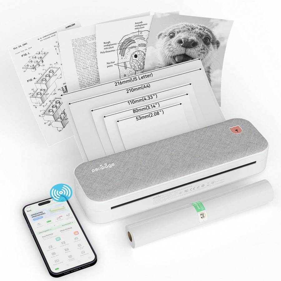 PeriPage A40 thermische Drucker, kompatibel mit Android- und iOS-Systemen für das Drucken von Dateien, Etiketten und Tattoo-Mustern – unterstützt dieses Format (8,26 Zoll x 11,69 Zoll) sowie mobiles Druckfunktion.