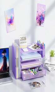 Gianotter Desk Organizers And Accessories With File Holder, 4-Tier Desk Accessories &Amp; Workspace Organizers With Drawer And 2 Pen Holder, Paper Organizer For Office Supplies (Purple) - ColorG - 查看 7