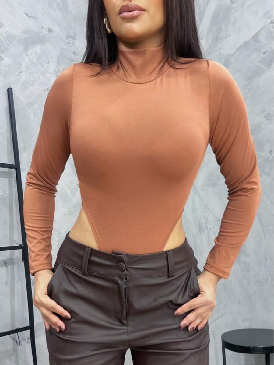 Bodysuit With Long Sleeves, High Neck, And Sleeves - Basic Winter Style - Rust Brown - View 1