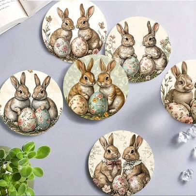 1set/4pcs/6pcs/300pcs Easter Bunny And Egg Print Diatom Mud Coasters, Suitable For Home, Coffee Shop, Afternoon Tea, Restaurant Decoration, Suitable For Theme Party, Daily Decoration, Can Be Given As A Gift