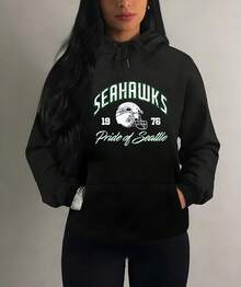 Retro Style "SEAHAWKS 1976 Pride Of Seattle" Printed Loose Hooded Sweatshirt. Women's Sports Casual Fan Style Top, Suitable For Lounging At Home Or Going Out Shopping - 黑色 - 查看 3