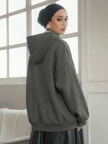 Livesso 1件休闲保暖连帽衫，纯色女式无袖卫衣，长袖上衣，秋季女装，保暖内衬 - 灰色 - 查看 4