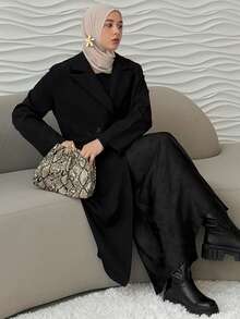 Livesso Lapel Neck Double Breasted Longline Coat,Fall Clothes Women Jacket - Black - View 8