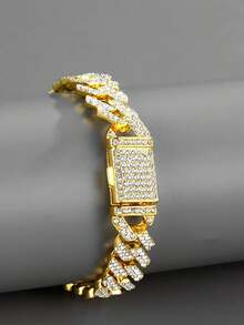 1条镀金水钻12毫米菱形锆石手链，嘻哈链闪亮情侣手链，翻盖扣 - 金色 - 查看 7