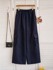 Spring/Summer Navy Blue Loose Straight Leg Casual Pants, Drawstring Waist, Wide Leg, Slimming Pockets, Sports Utility Trousers Winter - Navy Blue - View 7