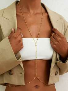 1pc Beaded Criss-Cross Body Chain, Sexy Fashion Versatile Personalized Party Holiday Daily Wear Gift (Handmade, 1-3cm Tolerance) - Golden Beads - View 2