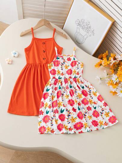 1 Set Of Distinctive Girls' Dresses, 2pcs/Set. Each Features A Spaghetti Strap Design, Showcasing A Refreshing Summer Vibe. Designed In Solid Orange-Red, Vibrant And Lively. White Base With Colorful Floral Prints, Rich In Colors. Both Dresses Have A Spaghetti Strap Design, With A Unified Style Yet Unique Features, Suitable For Beach, Summer Parties, And Spring/Summer Wear.