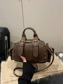 Women's Fashion Chic Motorcycle Style Mini Boston Handbag, Shoulder & Crossbody Bag - Coffee - View 1