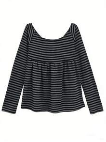 Bow Classic Striped Off-Shoulder Long Sleeve Top - Grey - View 2