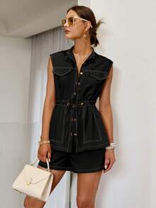 Sollinarry Conjunto informal de verano para mujer con parte superior sin mangas con botones y cintura con cordón, y shorts. Adecuado para vacaciones, festivales de música. Se recomienda pedir una talla menos, consulte la tabla de tallas. Negro elegante - Negro - Ver 3