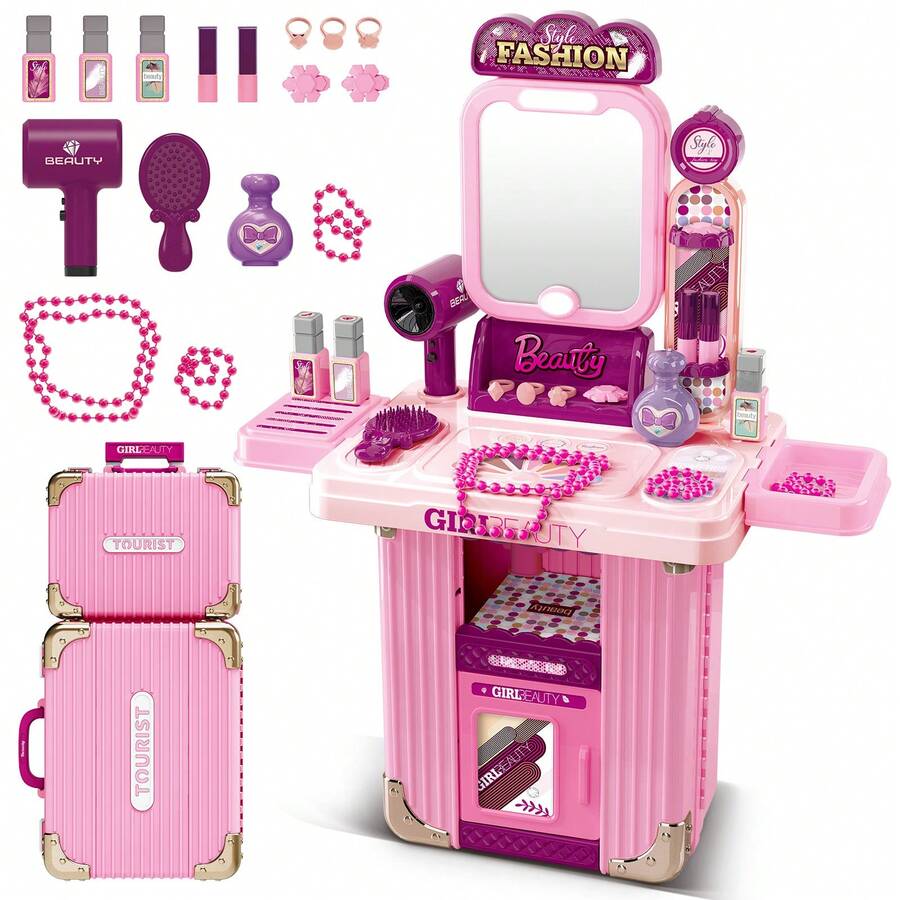 Kids Hair Salon Pretend Makeup & Hairdressing Toy Set - Pink - View 1