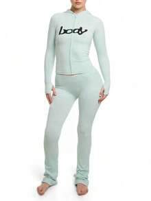 Ladies' Fashion Suit Elegant Temperament Versatile Leopard Print Hooded Long Sleeved Top Printed Tight Pants Two-Piece Set - 藍色 - 查看 1