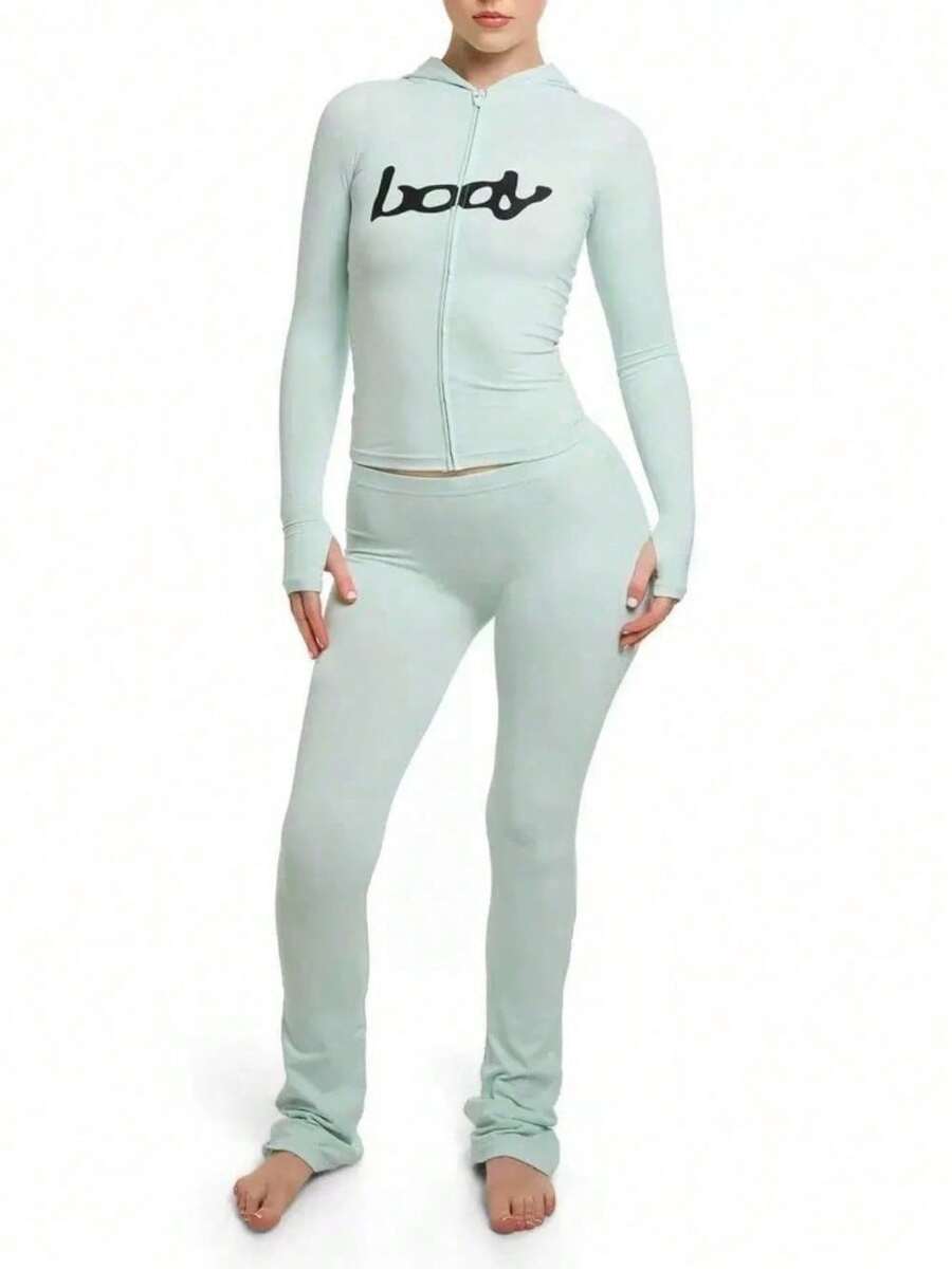 Ladies' Fashion Suit Elegant Temperament Versatile Leopard Print Hooded Long Sleeved Top Printed Tight Pants Two-Piece Set - 藍色 - 查看 1