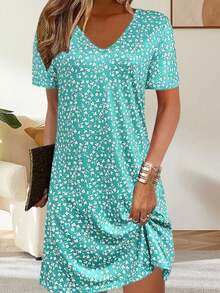 时尚轻盈优雅碎花连衣裙，百搭实用，适合休闲、度假、工作、居家、旅行，也可作睡衣穿着，推荐大码女性夏季穿着。 - 墨綠色 - 查看 4