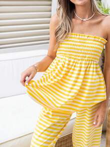 Women's Casual And Comfortable Suit For Spring And Summer, Featuring A Striped, Off-The-Shoulder Bandeau Top And Matching Trousers; A Stylish And Casual Outfit. - 黃色 - 查看 6