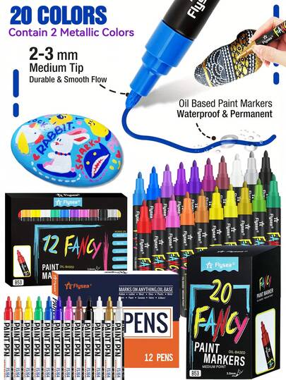12-24pcs Flysea Oil-Based Paint Marker Pens Set, 12/24 Colors Permanent Quick-Drying Markers, Medium Tip, Suitable For Metal, Wood, Fabric, Plastic, Rock Painting, Stone, Mugs, Canvas, Glass And More Surfaces - Medium Tip, Plastic Material