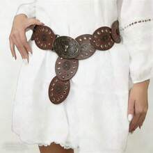 复古圆形牛头铆钉皮带，个性时尚百搭西部风格皮带，波西米亚风PU皮革，四季皆宜 - 牛頭腰帶 - 查看 6