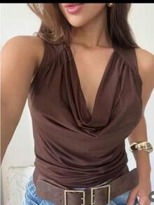 Blusa Femenina Elegante Decote Drapeado Profundo Tecido de malha Drapeado casual Feriado Escritório Diário Verão primavera - Marrom - Visão 2
