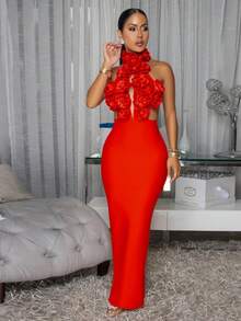 Vestido de alta calidad, nuevo y de gran , vestido de noche sexy con hombros descubiertos y gran flor, regalo perfecto para damas. - Rojo - Ver 4