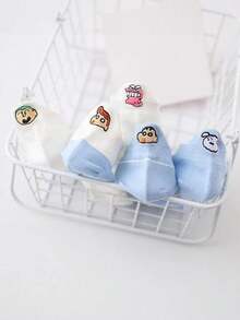 CRAYON SHINCHAN 5 Pairs Crayon Shin-Chan Printed Socks, Cute Cartoon Embroidery Design, Soft & Comfortable Women Ankle Socks, Spring/Summer - Multicolor - View 1