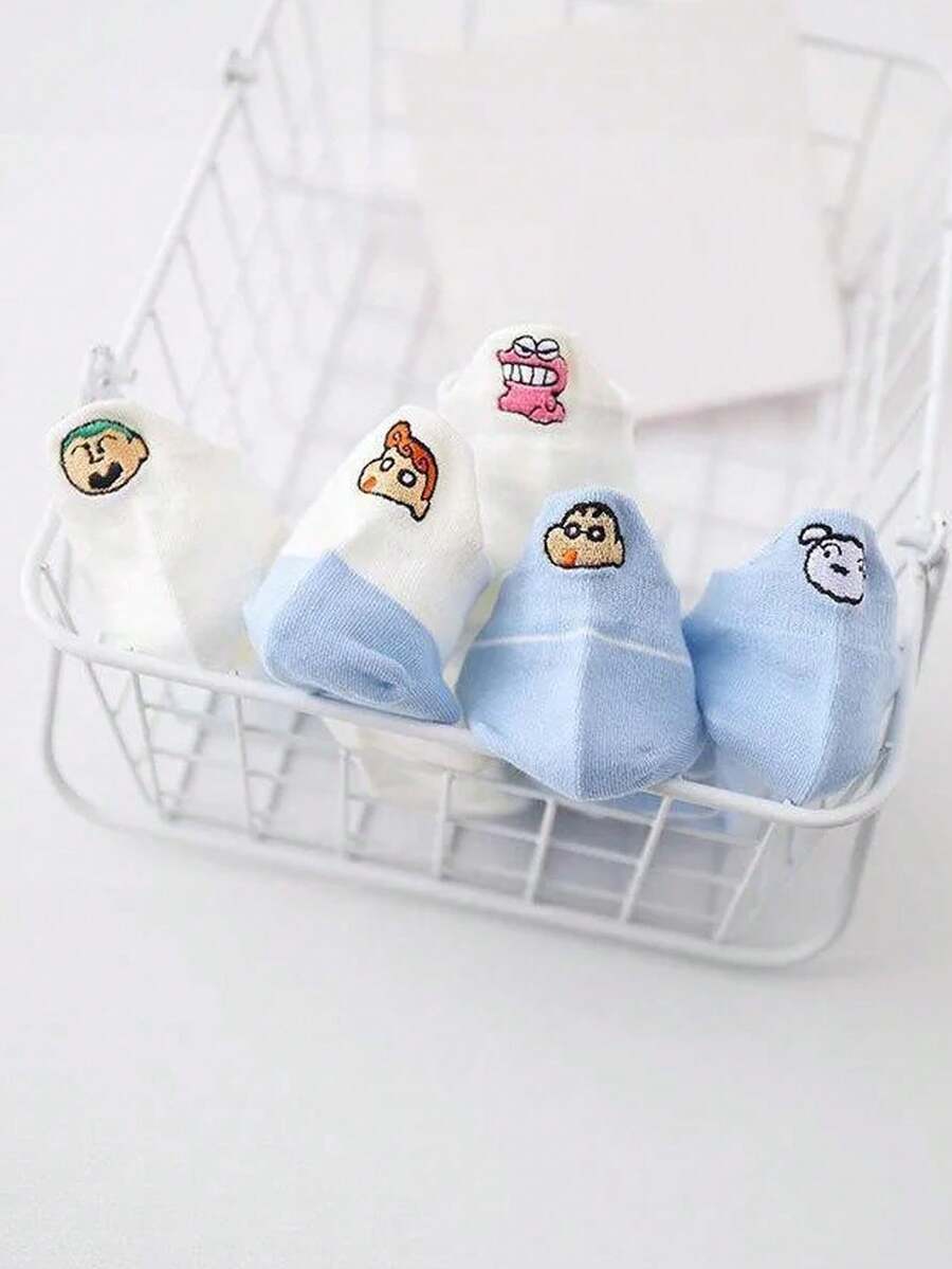 CRAYON SHINCHAN 5 Pairs Crayon Shin-Chan Printed Socks, Cute Cartoon Embroidery Design, Soft & Comfortable Women Ankle Socks, Spring/Summer - Multicolor - View 1