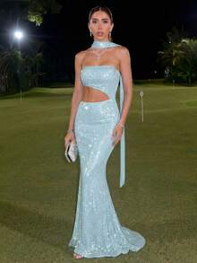 CHOSMO 优雅亮片露背女士礼服，浪漫派对礼服，简约晚礼服，适合婚礼、生日、周年纪念、毕业典礼、音乐会、鸡尾酒会、舞会、春季假期等场合。 - 淺藍色 - 查看 8