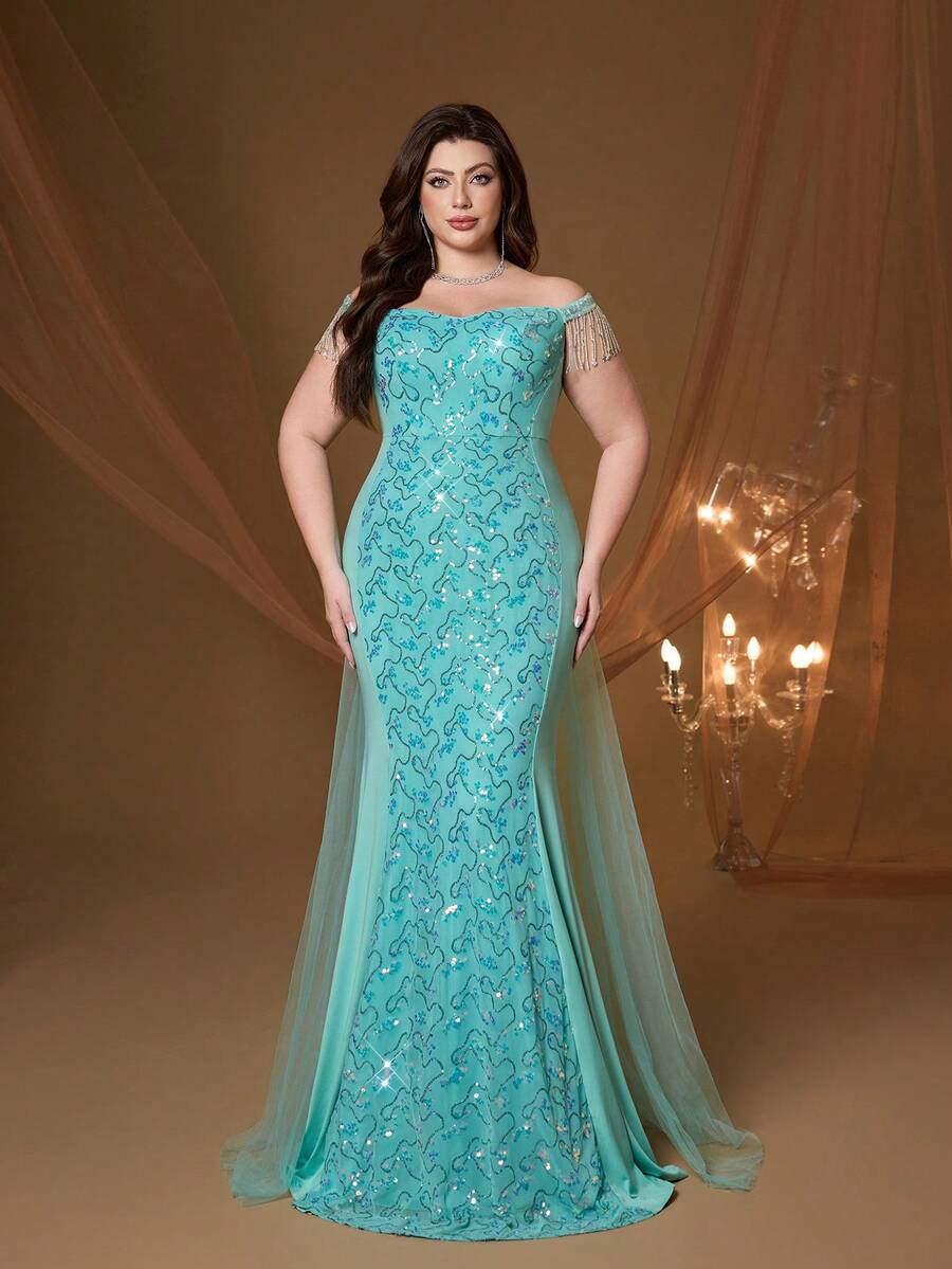 Vestido de sirena con hombros descubiertos y lentejuelas azul menta de talla grande Mgiacy, elegante para mujeres en bodas, galas, fiestas, vacaciones y atuendo primaveral - Azul menta - Ver 1