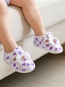1 Pair White & Purple Heart Print Baby Walking Shoes Soft Sole First Walkers With Ball & Flower Decor Easy On/Off Hook & Loop Straps Breathable & Comfortable For Daily Indoor Outdoor Use - Purple - View 2