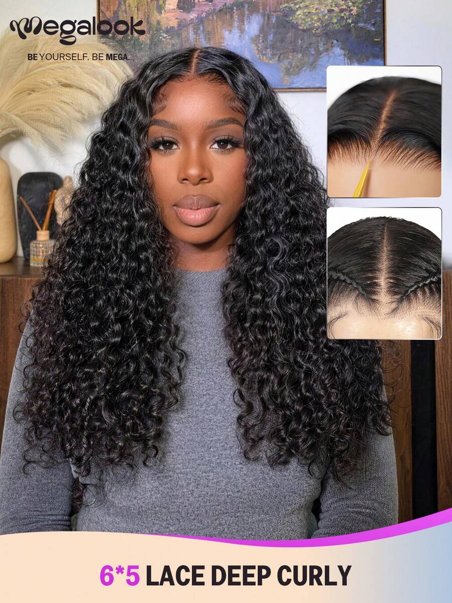 MEGALOOK 6"X5" Lace Curly 100% Human Hair 30" Pre-Bleached Invisible Knot Natural Black Curly Wig 180% Density Transparent 6"X5" Pre-Plucked Lace Closure Wig No Glue Needed Beginner Friendly Easy To Wear Minimal Shedding 100% Virgin Hair Wig - SNatural - View 1