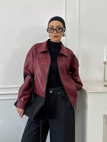 DAZY Loose Fit Boyfriend Style Stand Collar Zip-Up Long Sleeve Moto Jacket,Fall Clothes Women Coats - Burgundy - View 3