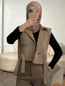 Livesso Lapel Neck Belted Vest Jacket - Khaki - View 2