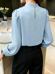 Women's Casual Commuter Shirt With Stand Collar, Pleated Design, And Princess Sleeves, Spring/Autumn - Baby Blue - View 2