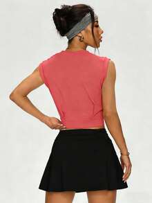 女士纯色无袖弹力短款运动T恤，多功能健身上衣，适合健身房、跑步、户外、网球、棒球和夏季休闲穿着。 - 黏土紅 - 查看 2