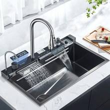 Fregadero de cocina con pantalla digital de temperatura, fregadero de cocina de acero inoxidable con recubrimiento nano, grifo abatible con 4 modos de agua, lavavajillas y dispensador de jabón, fregadero grande de un solo seno - Gris Oscuro - Ver 2