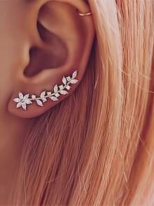 1 Pair Elegant Rhinestone Flower, Leaf, Wheat Ear Stud Earrings, Suitable For Women's Daily, Party, Wedding, Vacation Wear, Great Gift For Women On Birthday, Valentine's Day - Silver - View 3