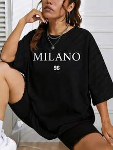 Womens Cotton Oversized MILANO 96 Printed Vintage Retro Short Sleeve Summer Casual Tshirt For Women Gift - 黑色 - 查看 1