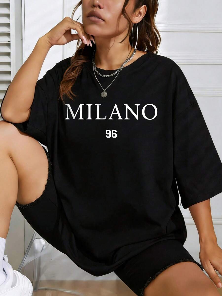 Womens Cotton Oversized MILANO 96 Printed Vintage Retro Short Sleeve Summer Casual Tshirt For Women Gift - 黑色 - 查看 1