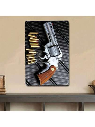 1pc Vintage Revolver Metal Sign,Funny Metal Poster ,2D Flat Printing Multipurpose Metal Decor With Pre-Drilled Holes For Easy Hanging, Room Decor,Home Decor,Kitchen Decor,Office Decor,Garden Decor,Outdoor Decor,Bedroom Decor, Living Room Decor, Cafe Decor, Restaurant Decor, Garage Decor, Bar Decor