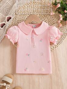 女童休闲碎花 Polo 领短袖 T 恤，夏季 - 粉色 - 查看 1
