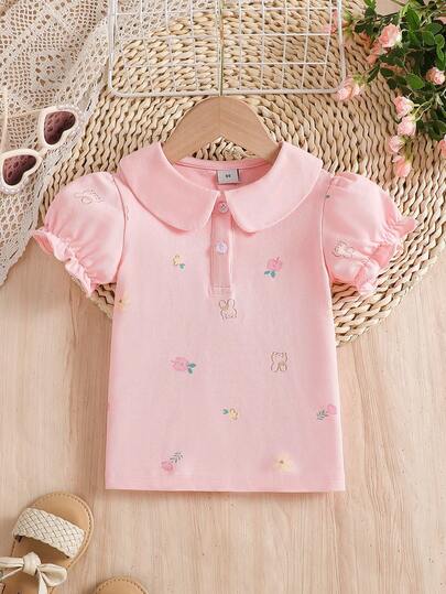 Camiseta de manga corta con cuello polo y estampado floral pequeño, informal, para niña, de verano